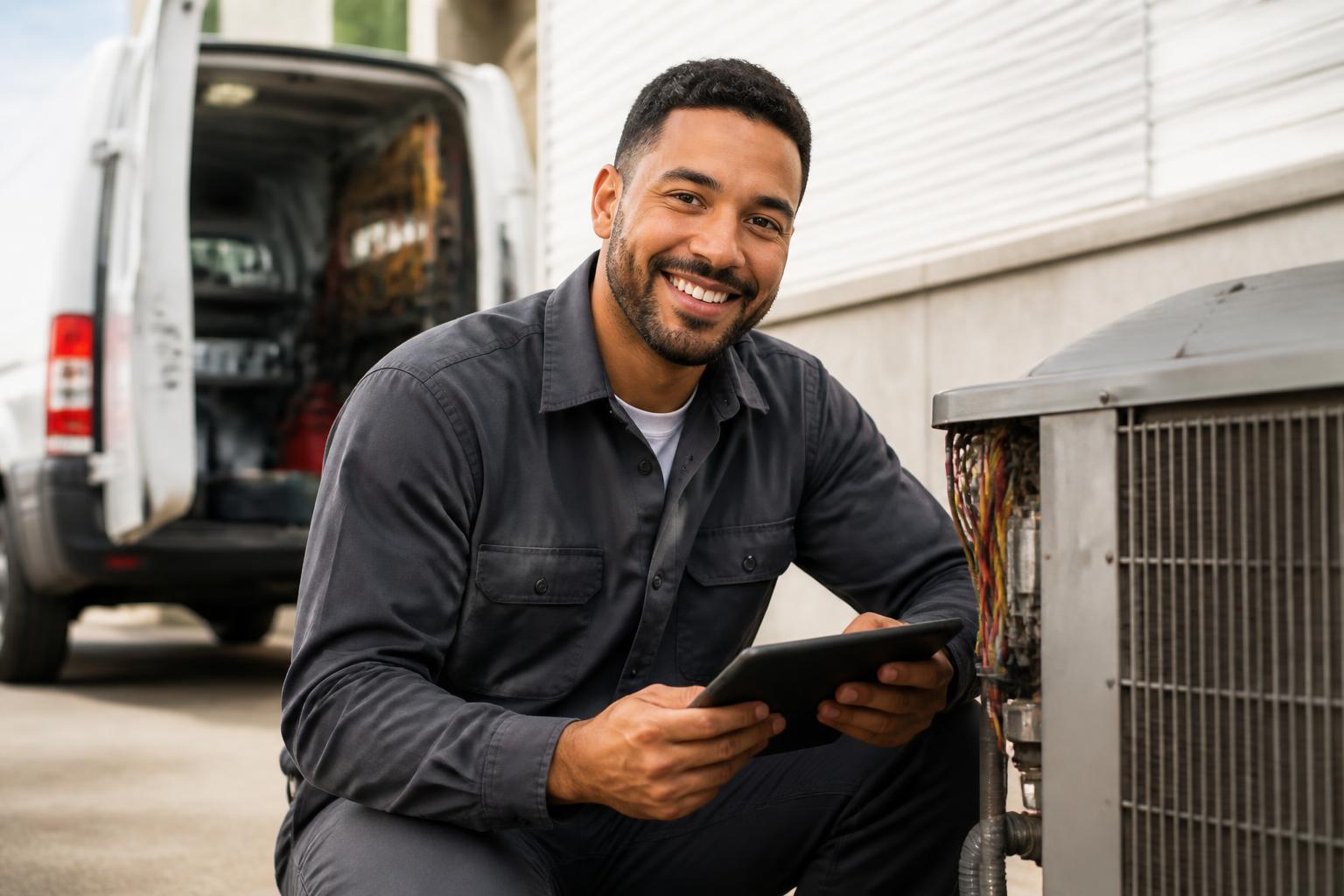 An HVAC technician reviewing a work order beside a service van