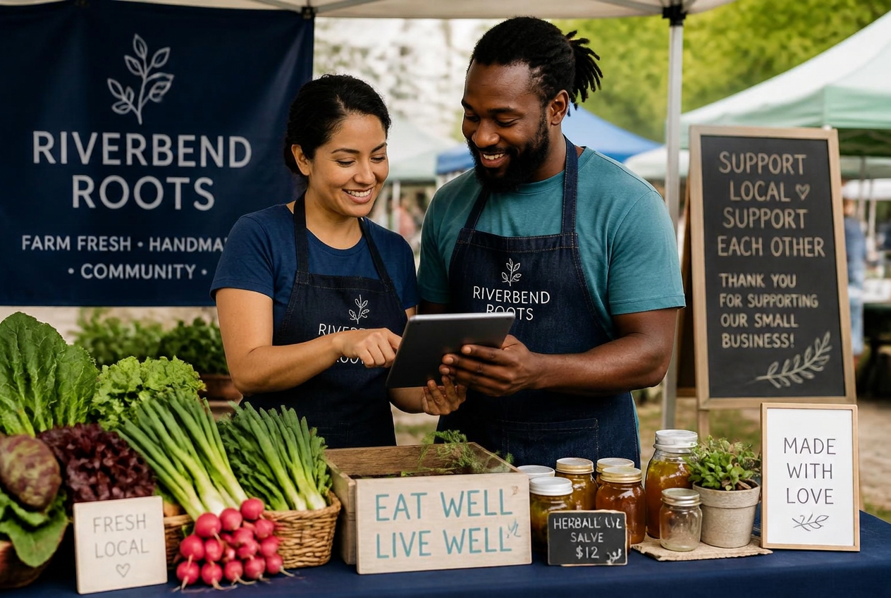 Two small business owners collaborating at a community market stall