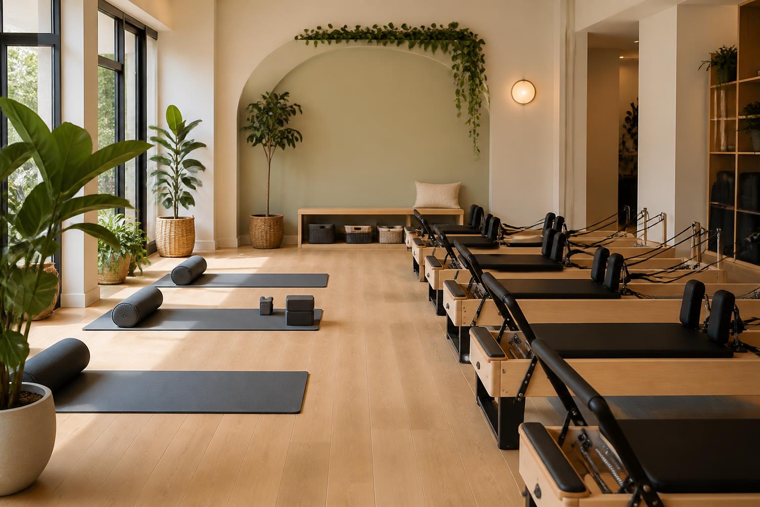 A bright, modern boutique fitness studio with reformers and yoga mats