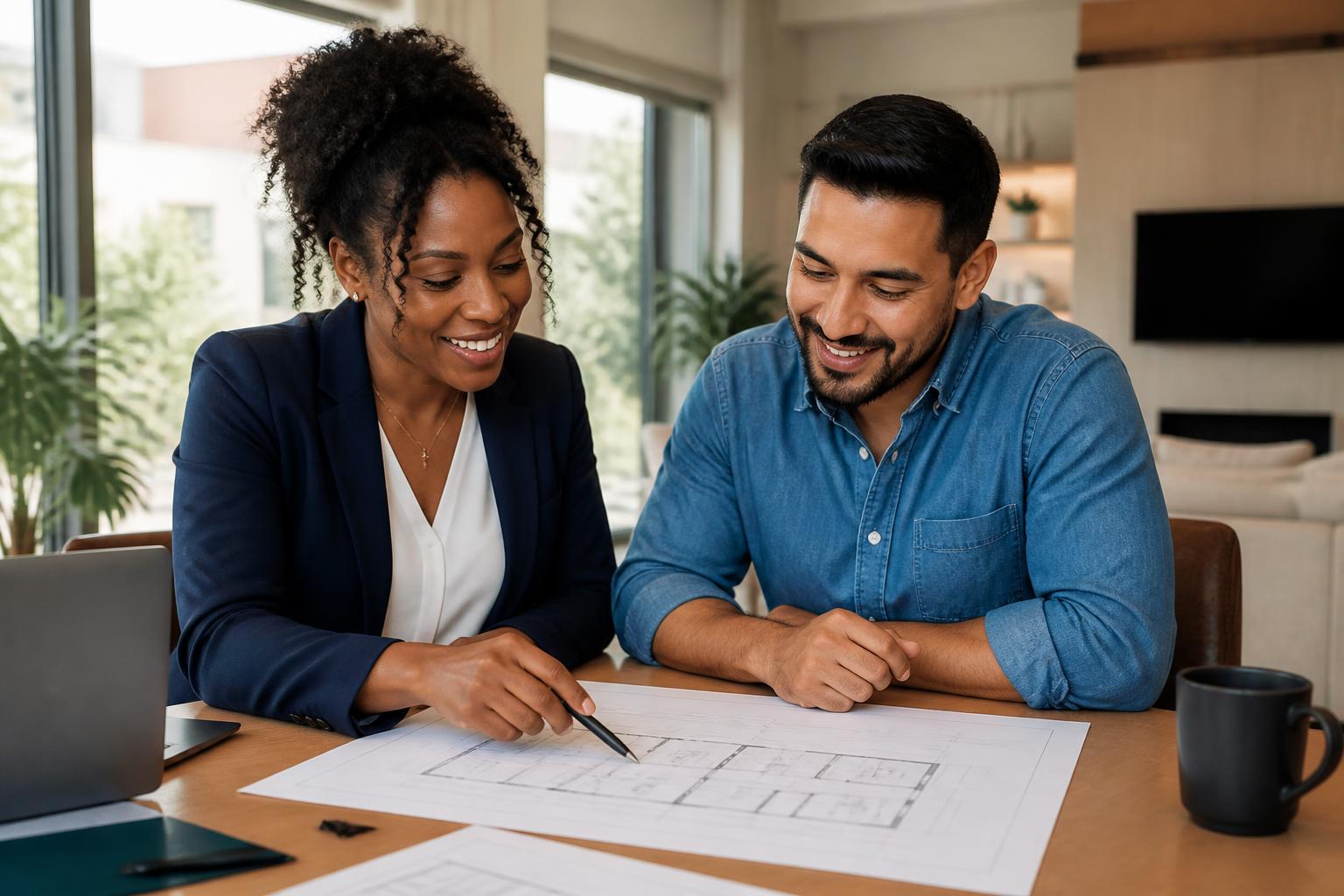 A Black real estate agent and a Latino client reviewing property plans together