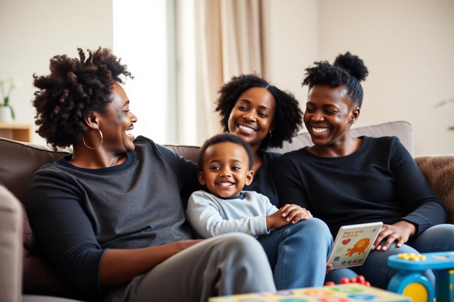 A smiling family relaxing together on a couch in a warm, light-filled home
