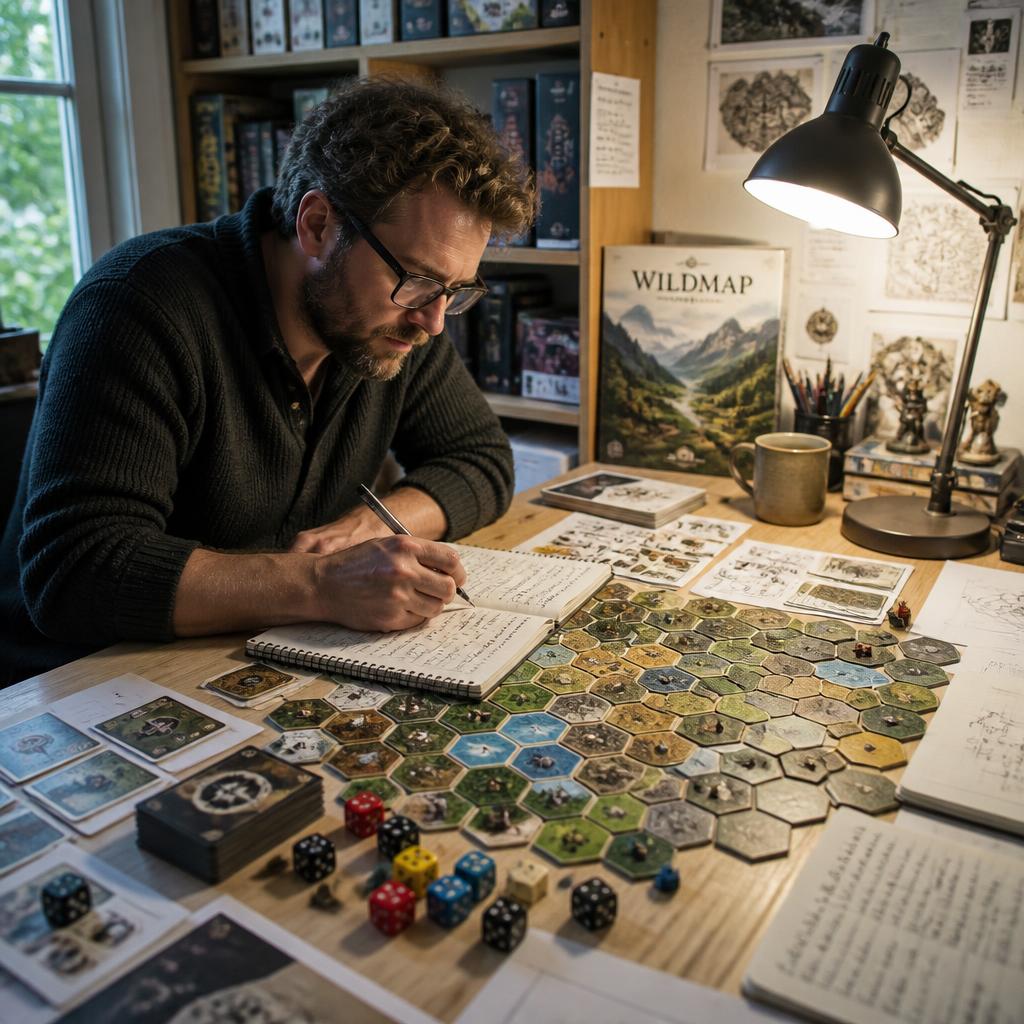 Board game prototype with cards, tiles, and playtest notes spread on a work table
