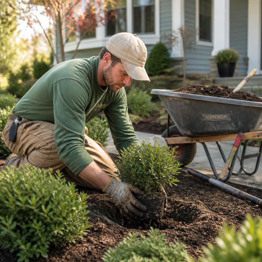 Landscaping crew member working on a residential yard