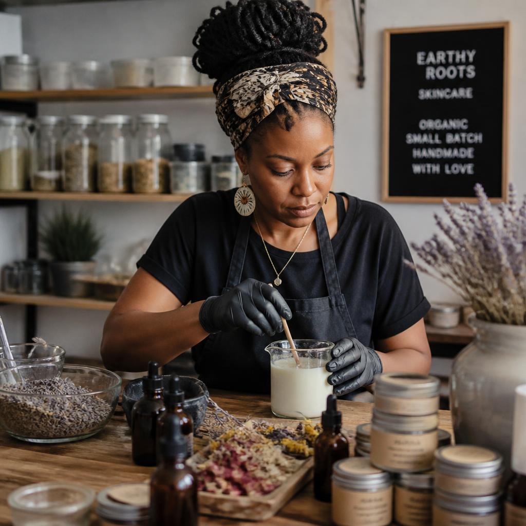 Handmade skincare products and labeled batch jars on a workbench